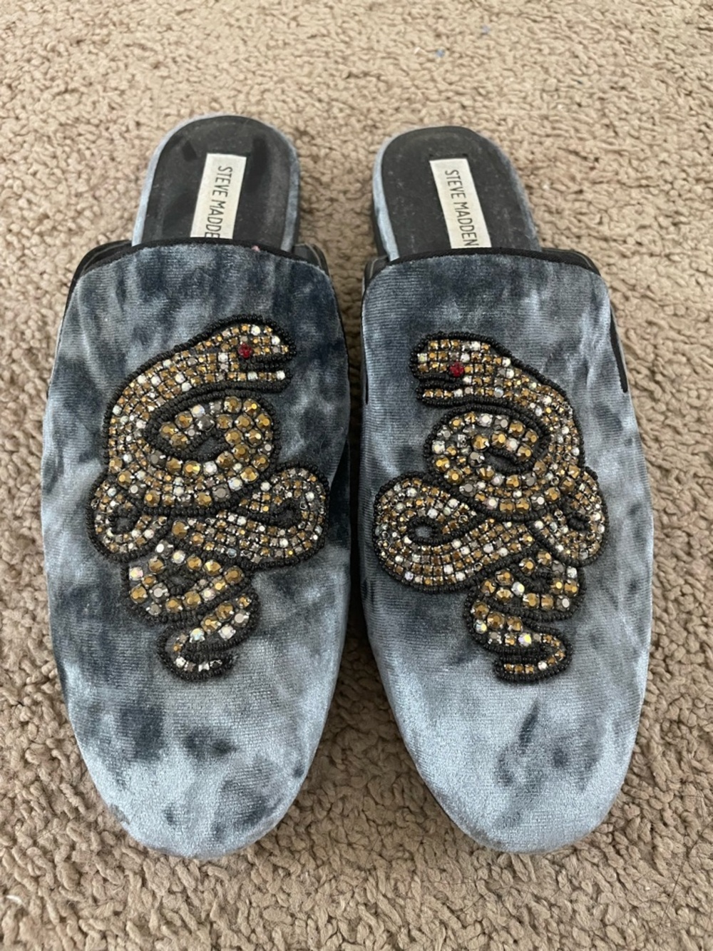 Steve Madden Gray Velvet Mules with Beaded Snake Motif